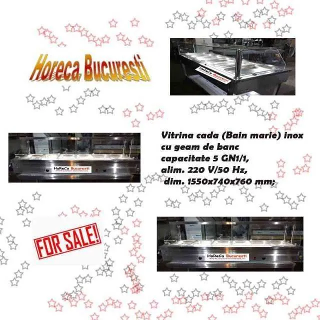 Vitrina cada ( Bain marie) inox 5 GN1/ 1  cu geam de banc - Imaginea 1