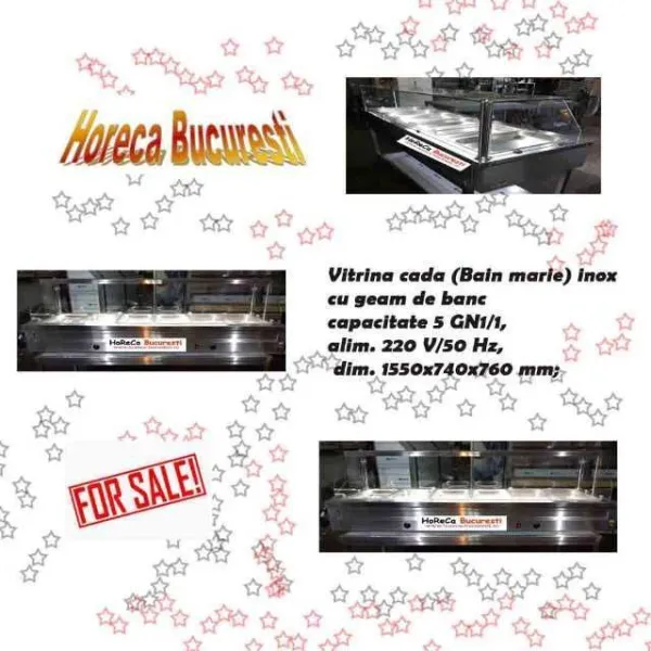Vitrina cada ( Bain marie) inox 5 GN1/ 1  cu geam de banc - Imaginea 1