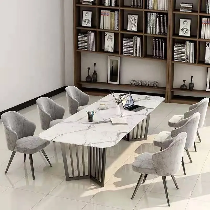 en- gros masa moderna dreptunghiulara din piatra alb cu piedestale metalice din otel masa de sufragerie pentru 6- 8 - Imaginea 2