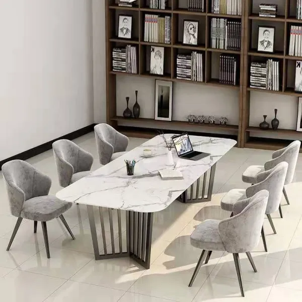 en- gros masa moderna dreptunghiulara din piatra alb cu piedestale metalice din otel masa de sufragerie pentru 6- 8 - Imaginea 2