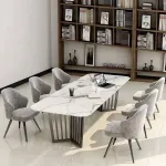 en- gros masa moderna dreptunghiulara din piatra alb cu piedestale metalice din otel masa de sufragerie pentru 6- 8 - Miniatura 2