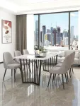 en- gros masa moderna dreptunghiulara din piatra alb cu piedestale metalice din otel masa de sufragerie pentru 6- 8 - Miniatura 5