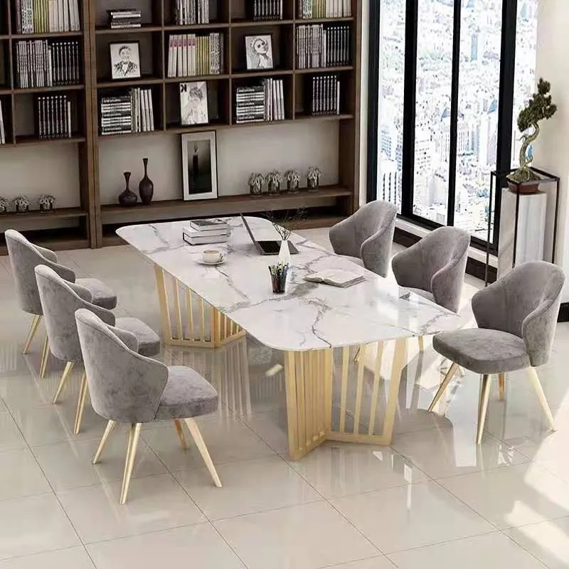 en- gros masa moderna dreptunghiulara din piatra alb cu piedestale metalice din otel masa de sufragerie pentru 6- 8 - Imaginea 6