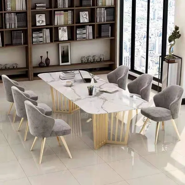 en- gros masa moderna dreptunghiulara din piatra alb cu piedestale metalice din otel masa de sufragerie pentru 6- 8 - Imaginea 6