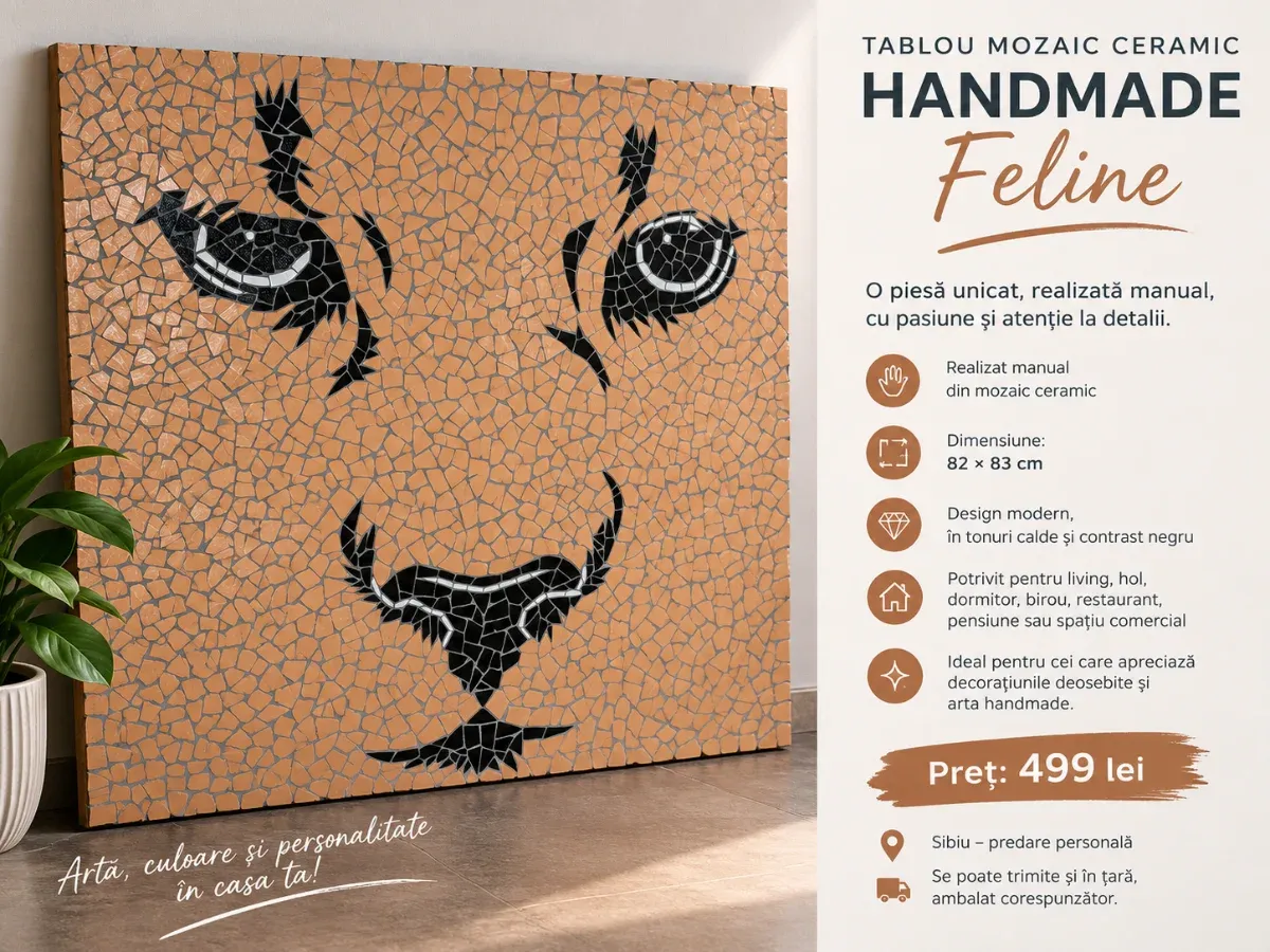 TABLOU MOZAIC HANDMADE – „Feline” | 82×83 cm | Decor Premium, UNICAT - Imaginea 1