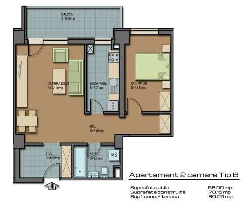 apartament 2 camere tip b, 80 mp, barcelona residence 1