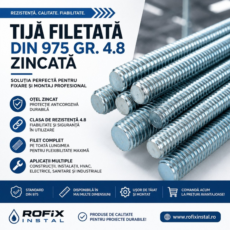 Tija Filetata DIN 975 Gr. 4. 8 Zincata - Pentru Fixare si Montaj