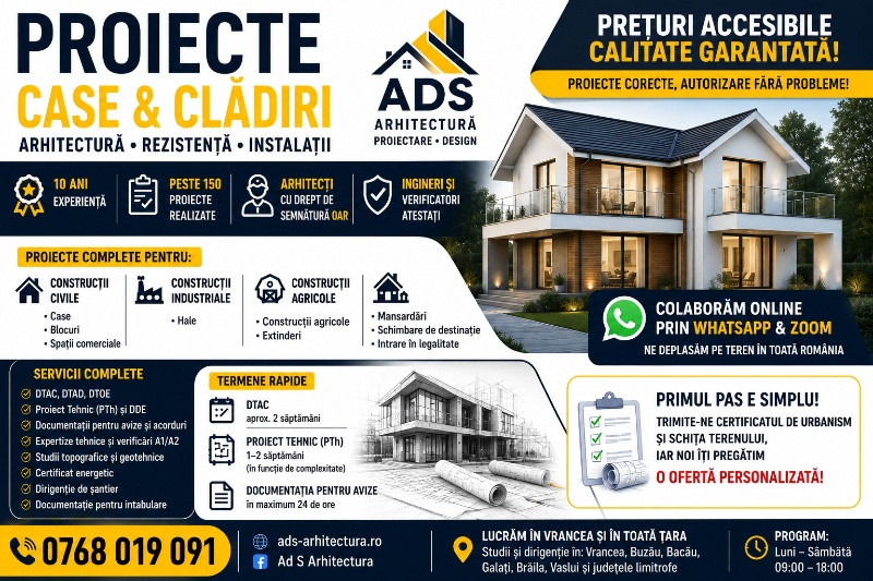 Proiecte Case, DTAC, Proiect Tehnic, Arhitect si Rezistenta | Vrancea & Romania