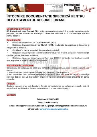 Intocmire documentatie specifica pentru departamentul Resurse Umane 
