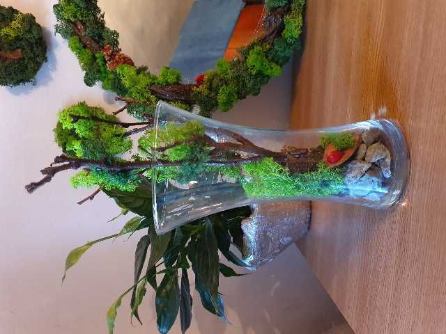 aranjament cu licheni si copacel in vaza din sticla.